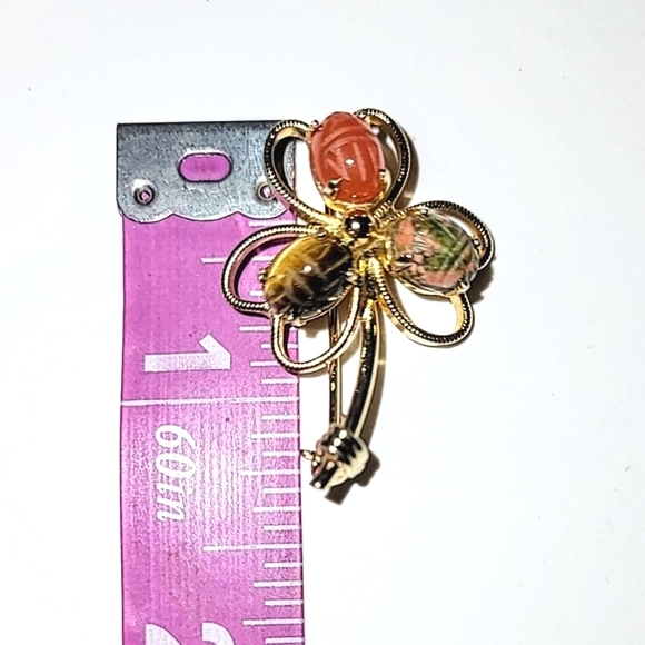 GOLD-FILLED SCARAB SHAMROCK BROOCH - BURT CASSELL, GENUINE STONES - Picture 6 of 8